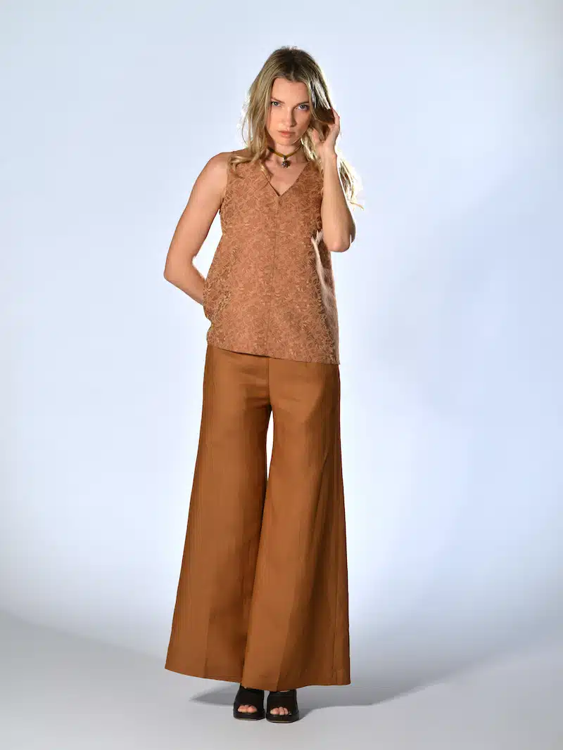 pantaloni gamba larga viscosa lino copper marina lari