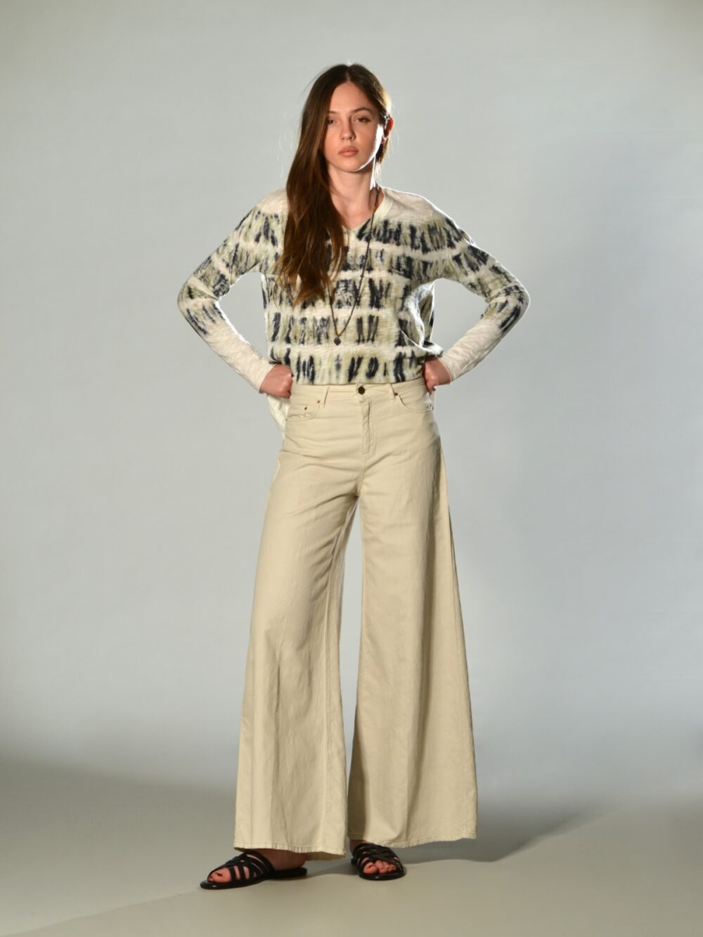 pantaloni gamba larga vita alta cinque tasche cotone lino crema ps don t forget me