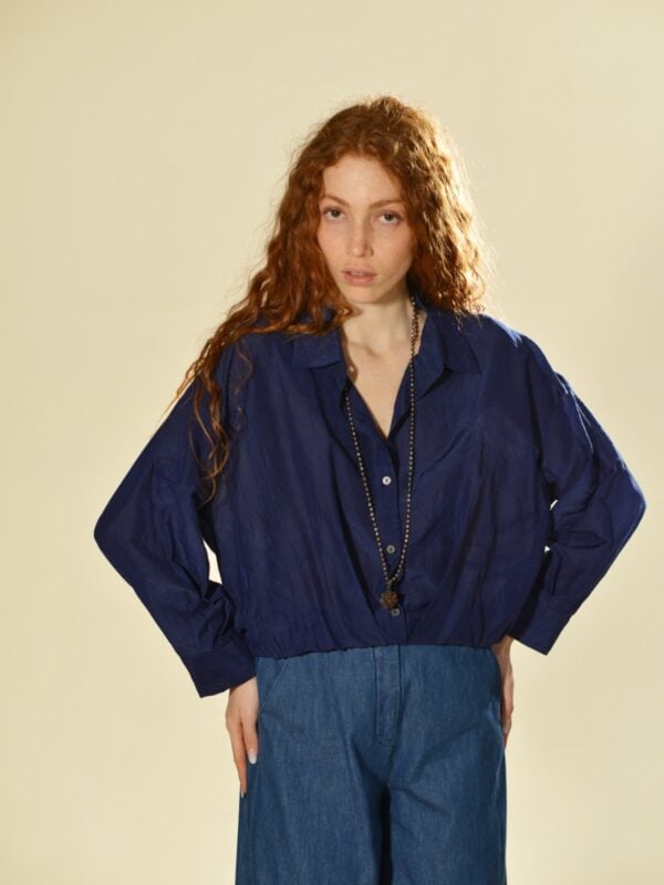 camicia over crop cotone seta blu marina lari