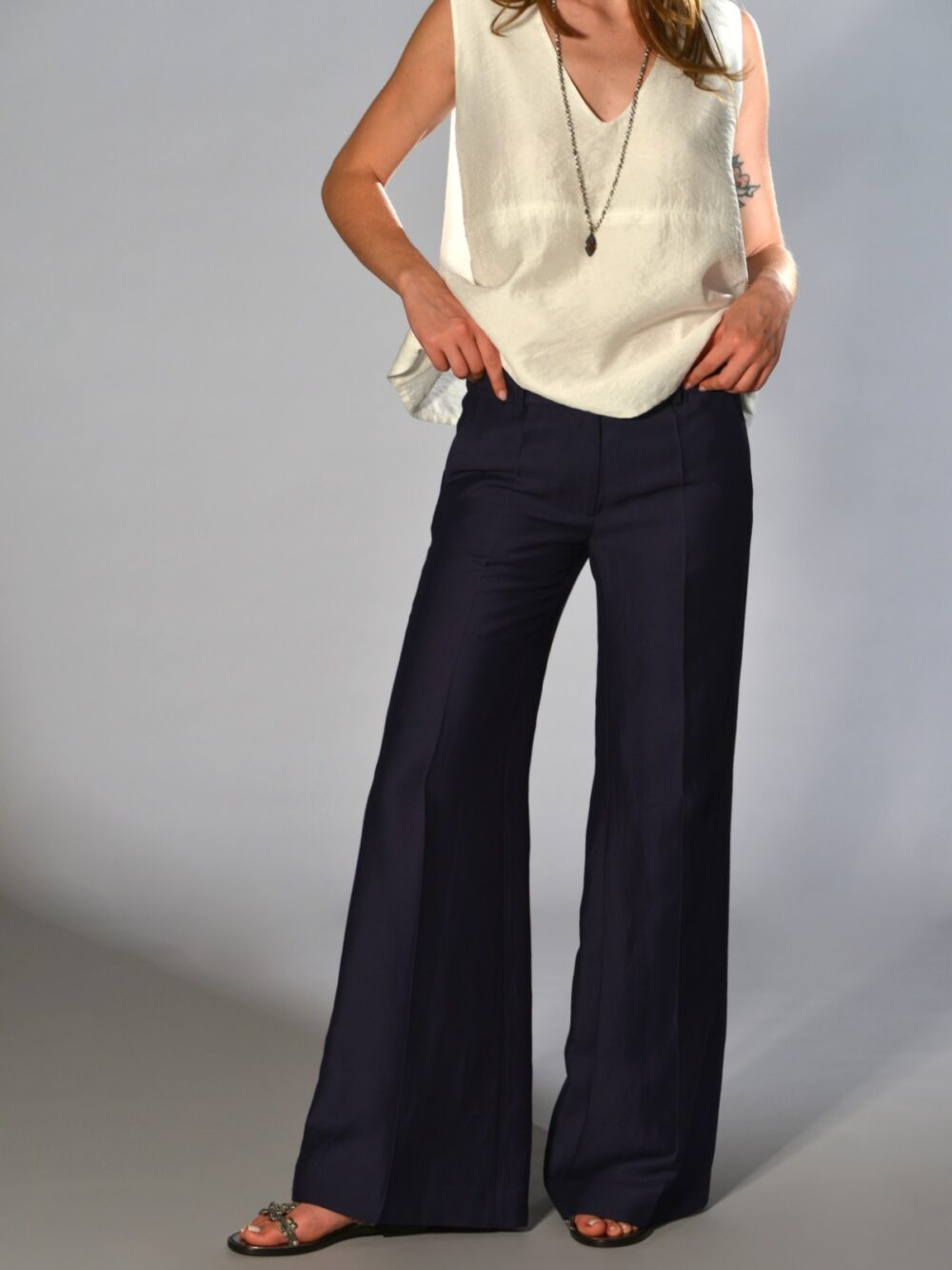 pantaloni gamba dritta viscosa lino blu marina lari