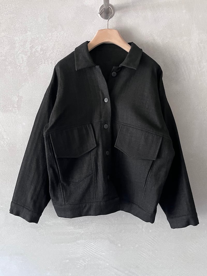 giacca sfoderata oversize lana cotone lino spigato nero serie numerica