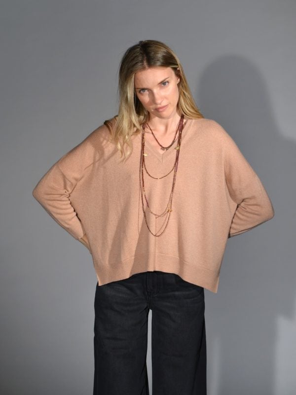 maglia over boxi cashmere scollo V rosa cameo melange marina lari