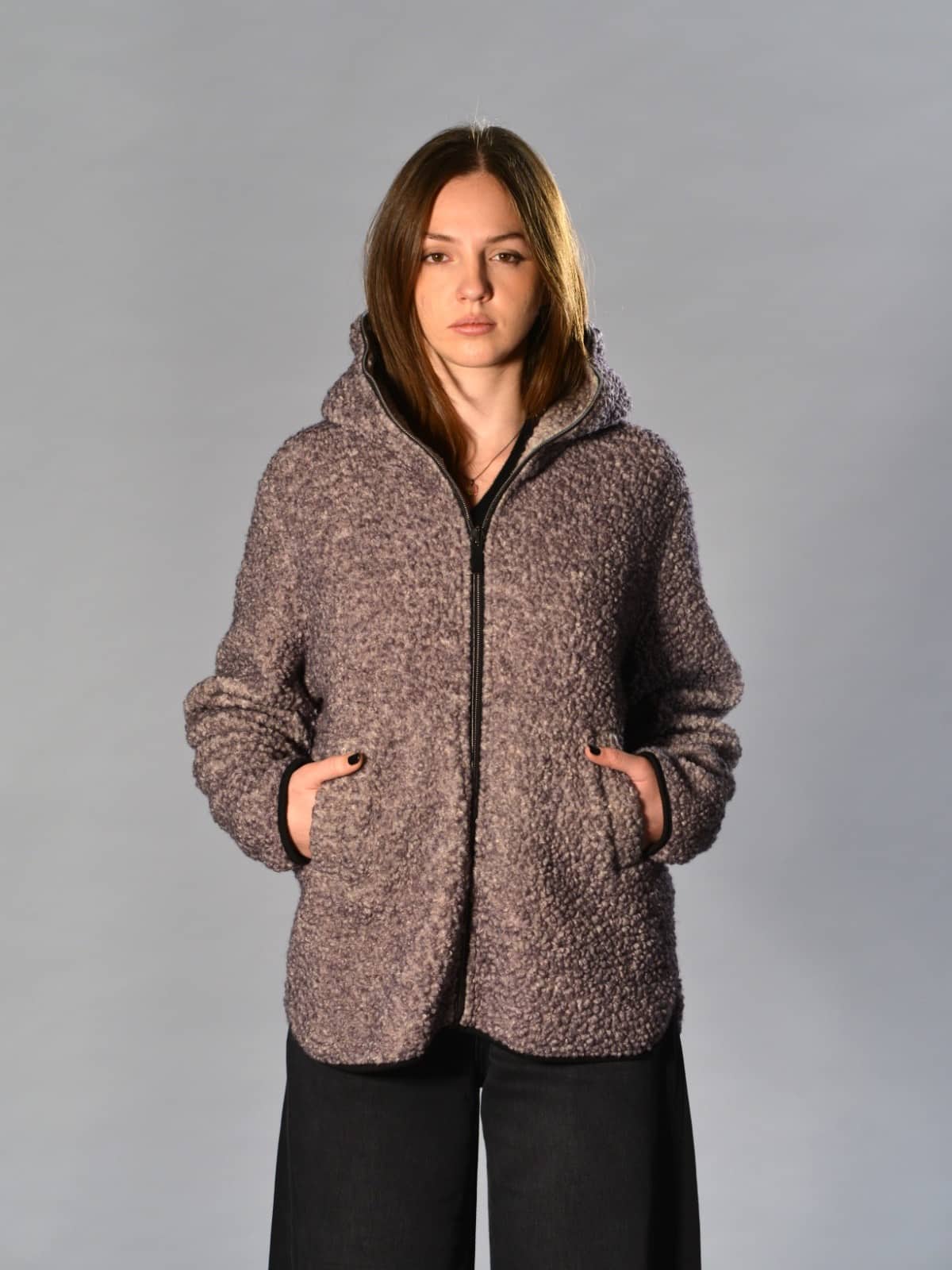 Saldi 43 Giacca viola Ploumanach in lana orsetto con cappuccio