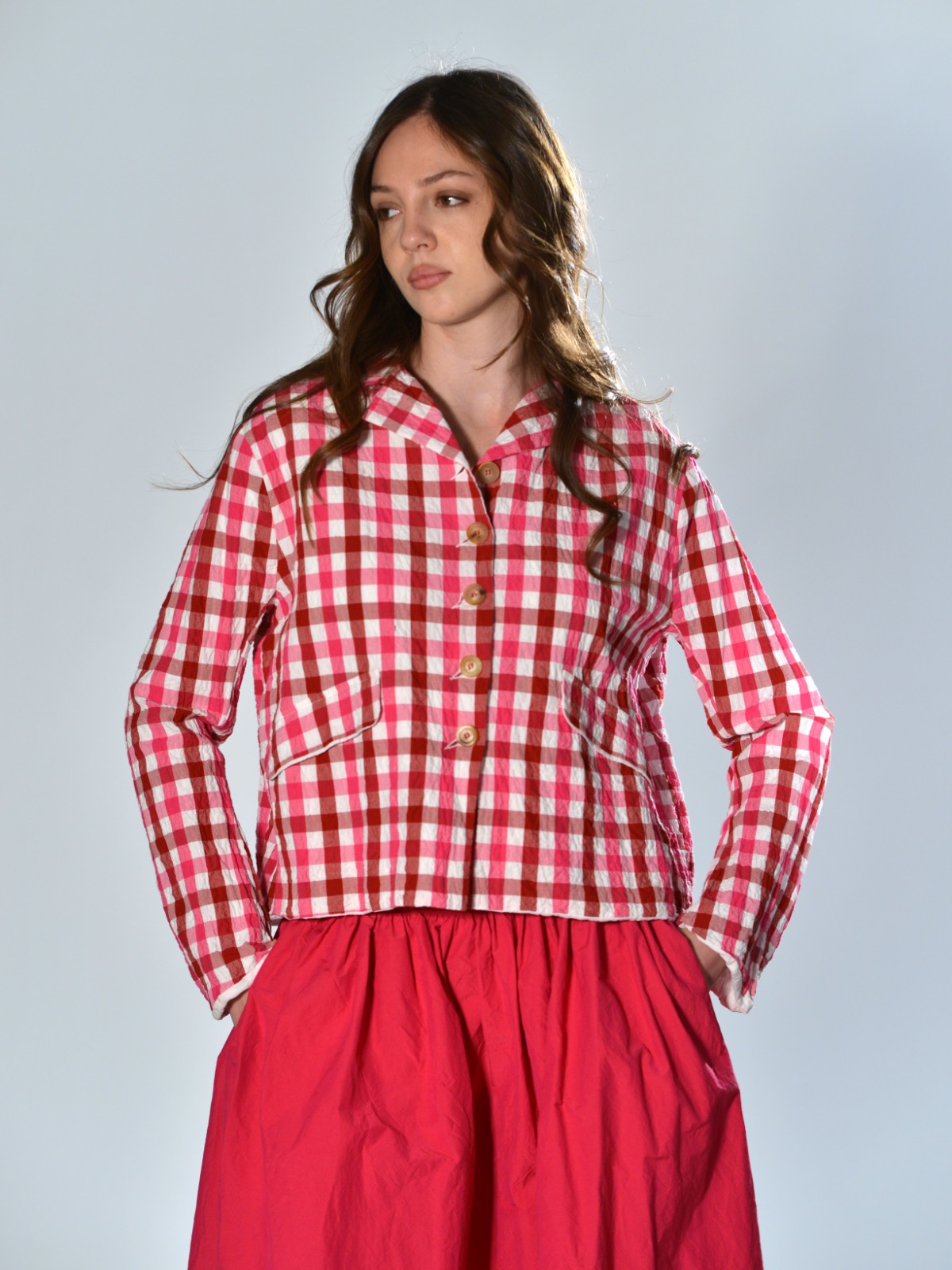 Giacca destrutturata HANNOH in cotone con motivo vichy bicolore check, rever classico e vestibilità morbida