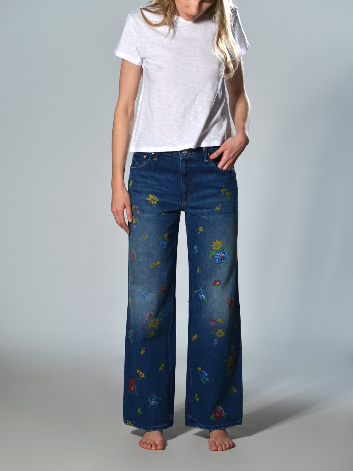 eans gamba larga Mother Denim Lil’ Rerun Zip Sneak in denim con motivo floreale, vita regolare e modello cinque tasche – jeans in cotone