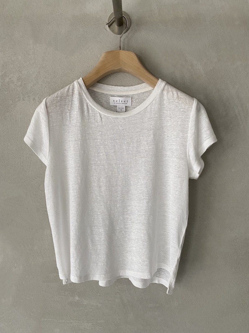 T-shirt Velvet in lino bianco con manica corta, collo tondo e spacchetti laterali