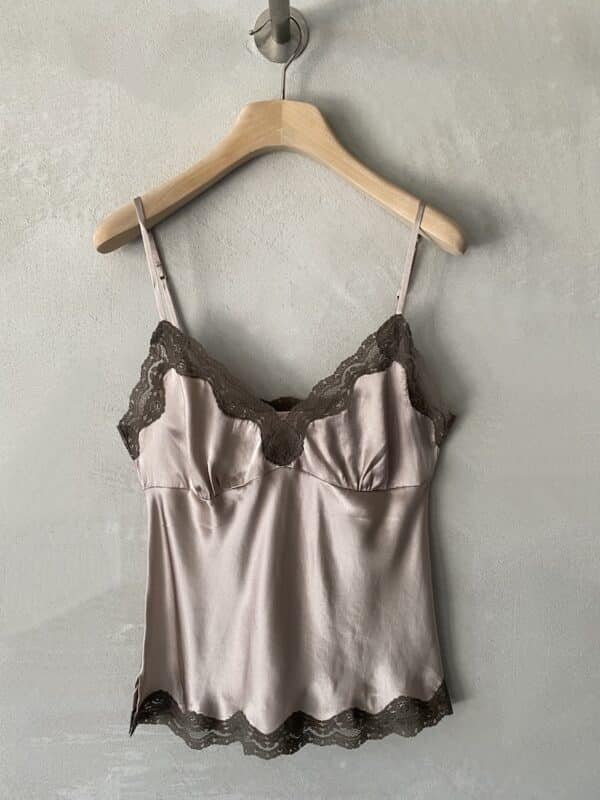 Top lingerie Gold Hawk cipria in raso con pizzo tortora e spalline regolabili