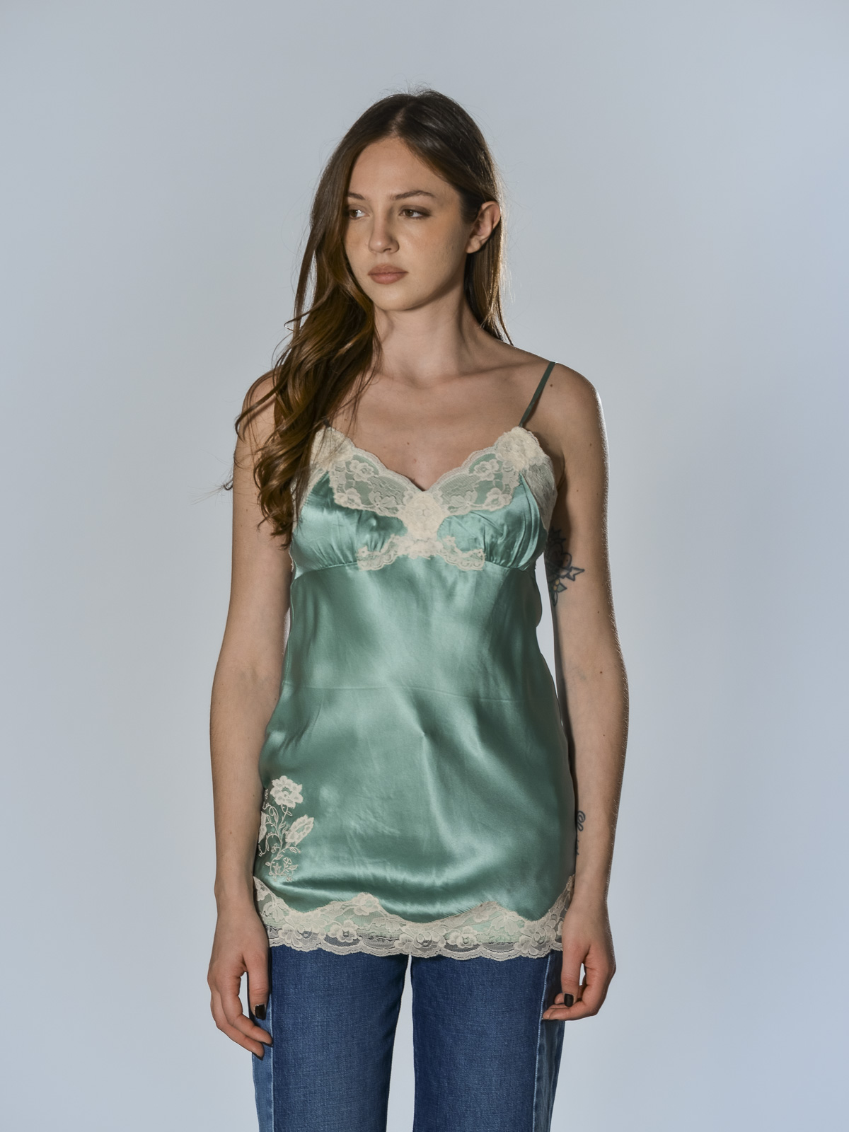 Top lingerie Gold Hawk verde acqua in raso con pizzo avorio e spalline regolabili