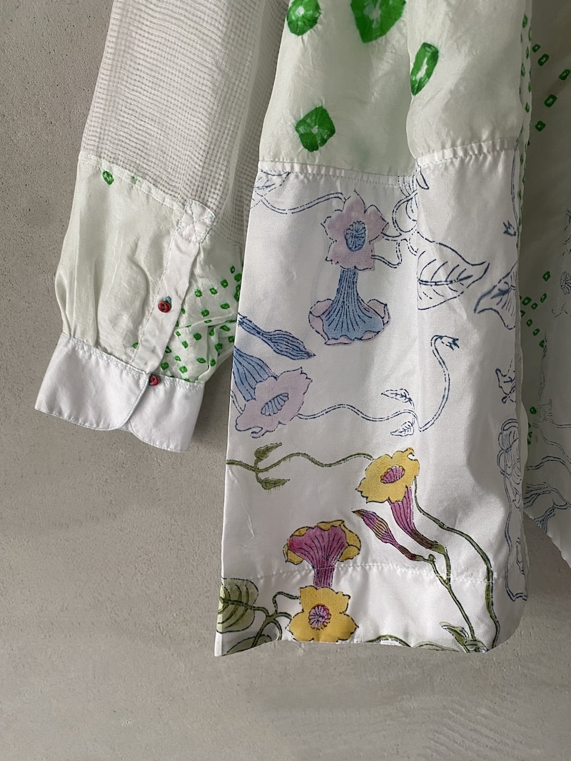 Camicia in seta patchwork block print stampata a mano con scollo a V e manica lunga - INJIRI 4