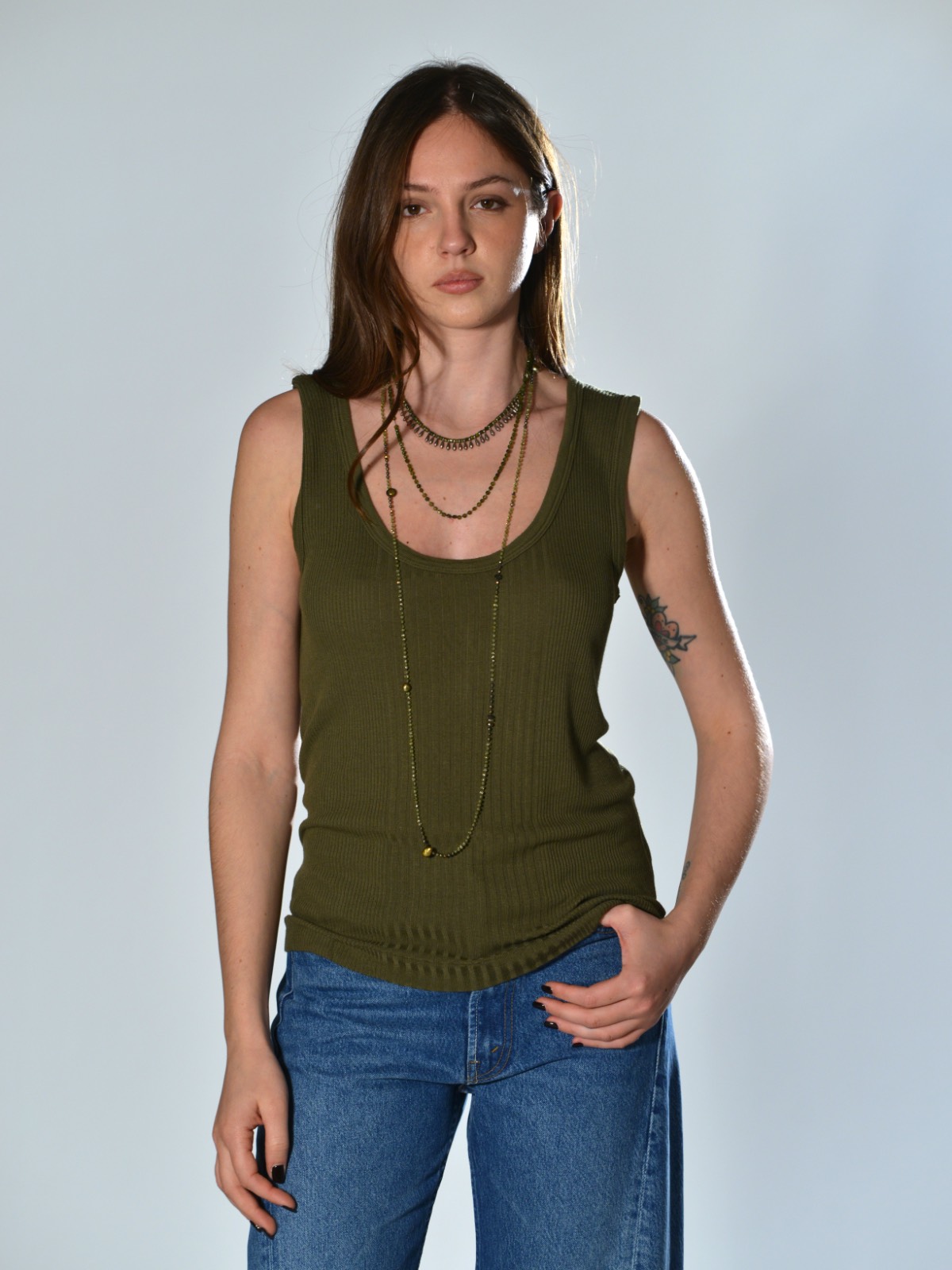 Canotta army in jersey di cotone a costine con scollo rotondo e spalline larghe, linea aderente Pure Sugar