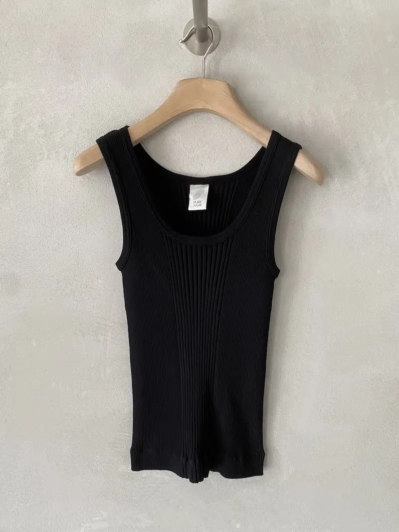 Pure Sugar Black Ribbed Cotton Jersey Tank Top with Round Neck and Wide Straps, Slim Fit