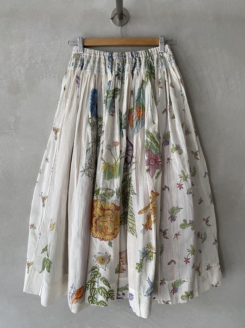 Gonna lunga in cotone e seta block print con stampa floreale e vita elasticizzata - INJIRI 3