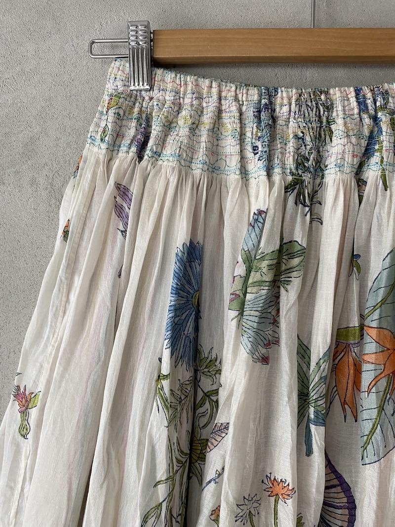 Gonna lunga in cotone e seta block print con stampa floreale e vita elasticizzata - INJIRI 4