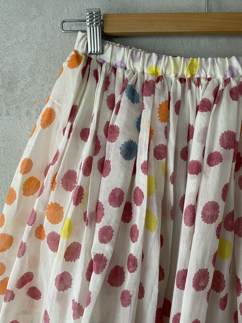 Gonna lunga in cotone e seta con pois multicolore stampata a mano e vita elasticizzata - INJIRI 2