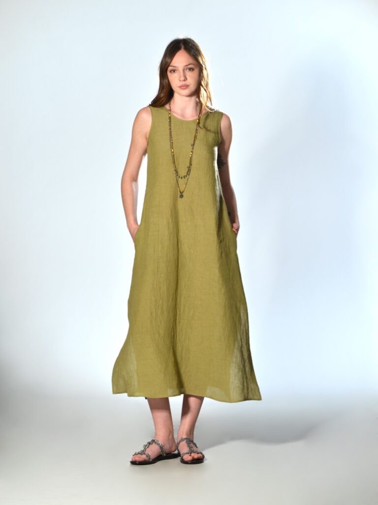 Abito lungo verde lime in lino reversibile con cintura Marina Lari