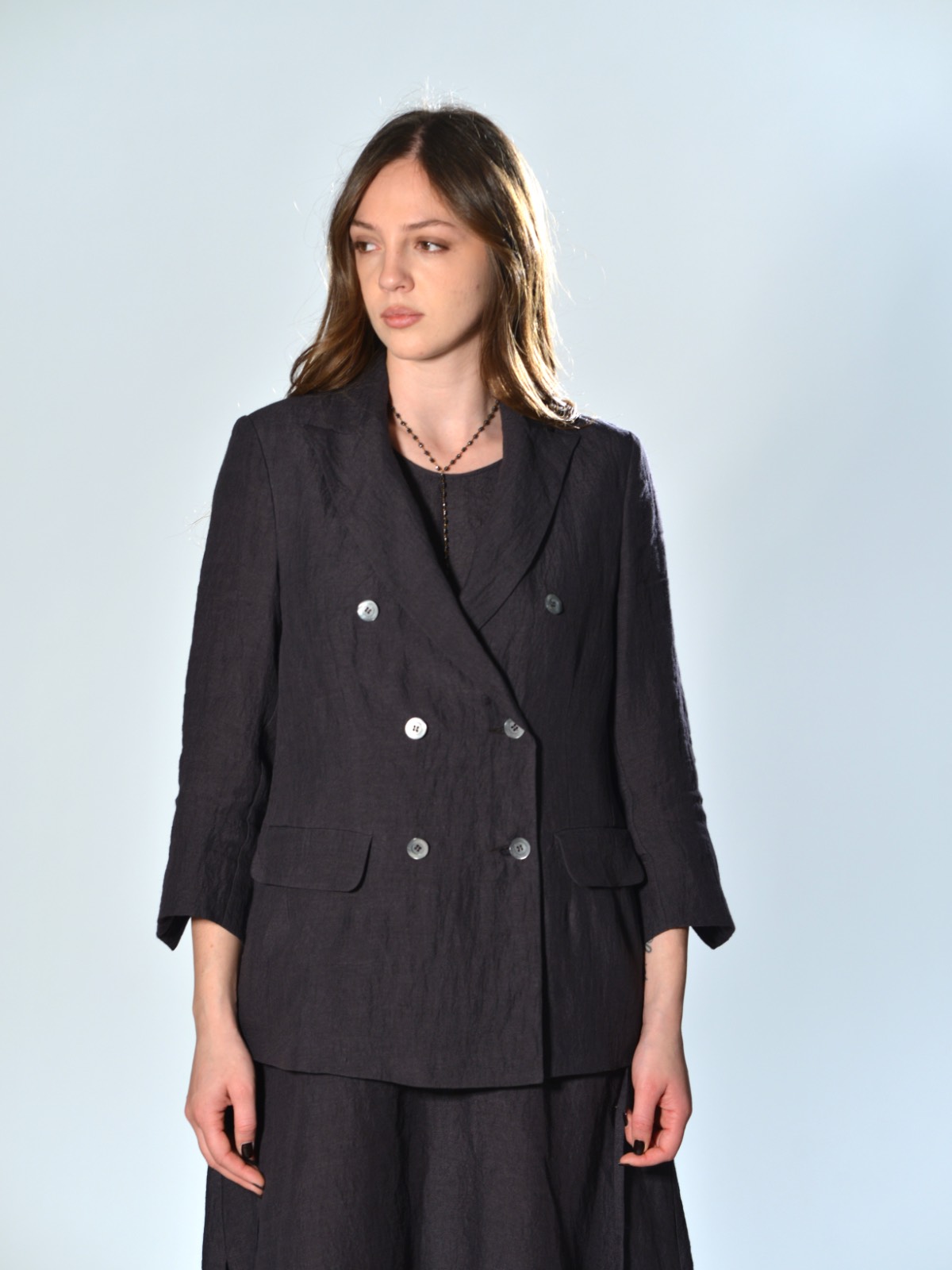 Marina Lari plum double-breasted linen jacket with mother-of-pearl buttons and flap welt pockets, unlined