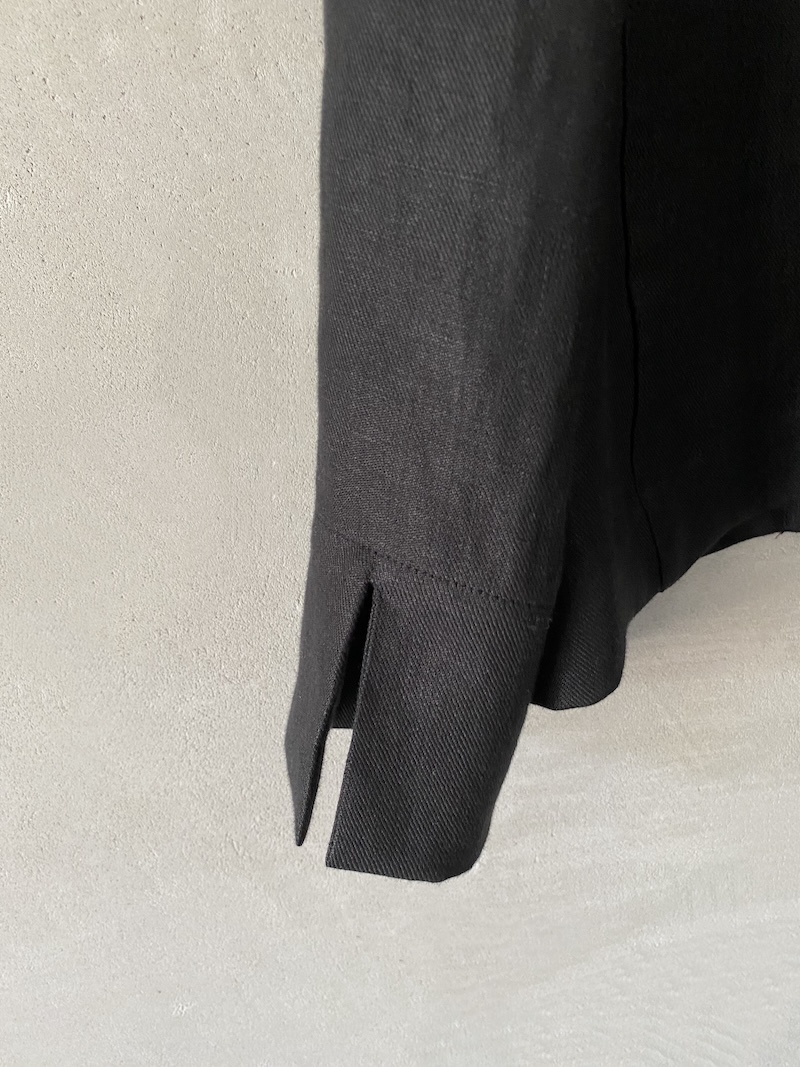 Marina Lari unlined oversized black linen jacket with notch lapels and one-button closure