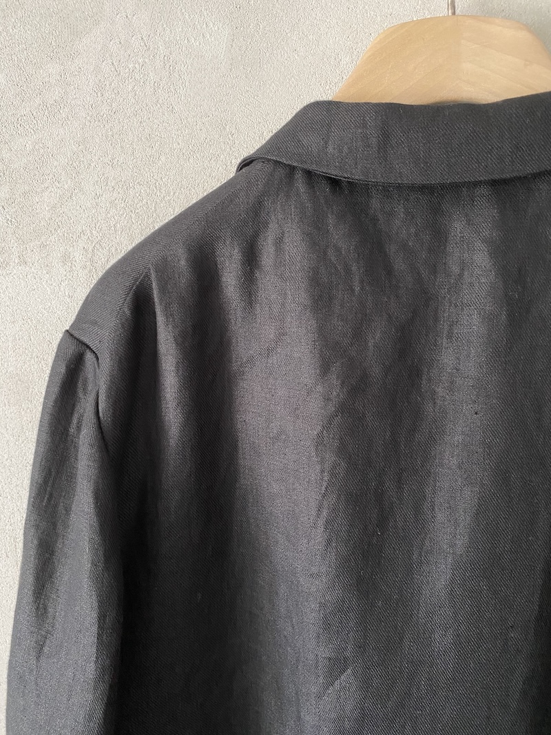 Marina Lari unlined oversized black linen jacket with notch lapels and one-button closure