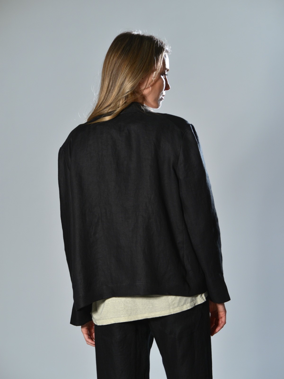 Marina Lari unlined oversized black linen jacket with notch lapels and one-button closure