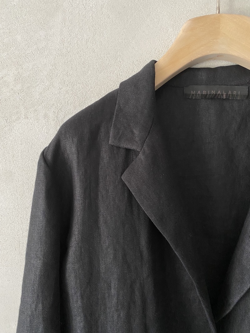 Marina Lari unlined oversized black linen jacket with notch lapels and one-button closure