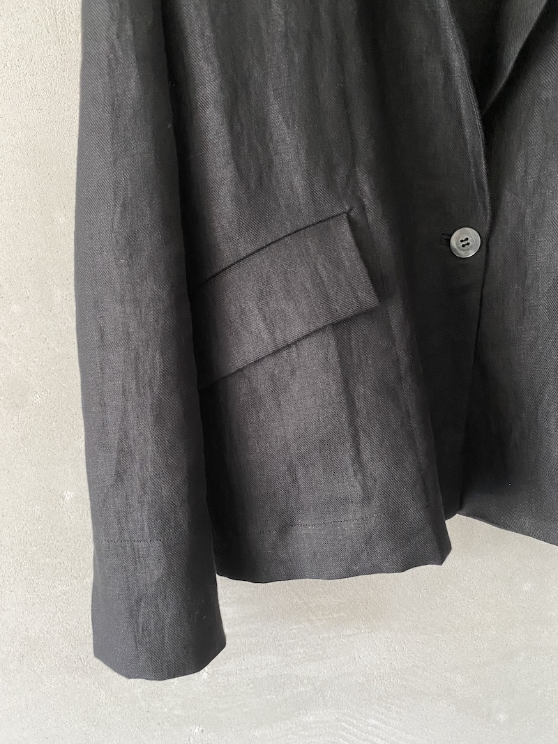 Marina Lari unlined oversized black linen jacket with notch lapels and one-button closure