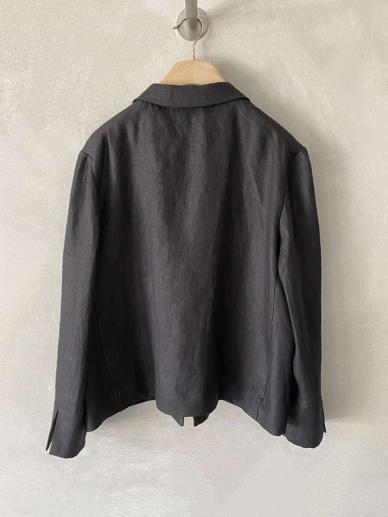 Marina Lari unlined oversized black linen jacket with notch lapels and one-button closure