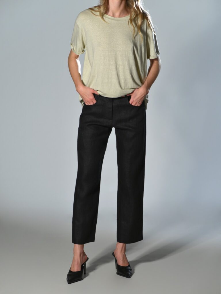 Pantaloni alla caviglia in lino nero 5 tasche con cavallo basso e vita media con zip Marina Lari