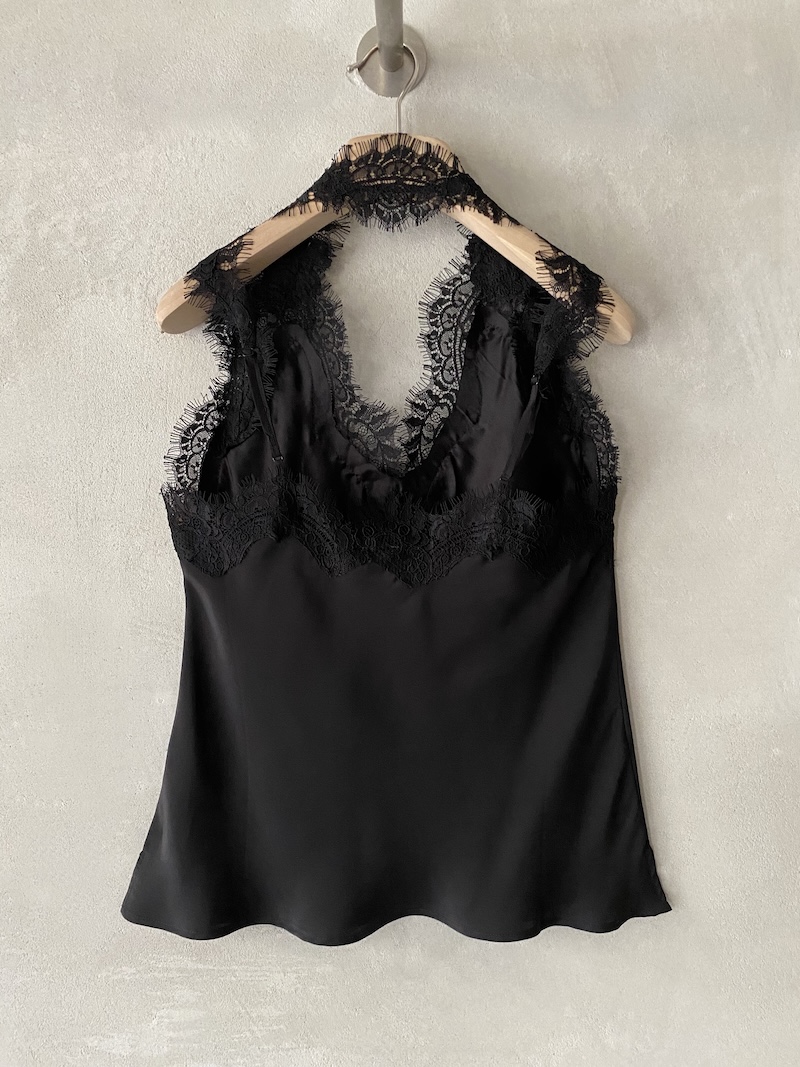 Gold Hawk Black Bias-Cut Silk Top with Lace and V-Neck