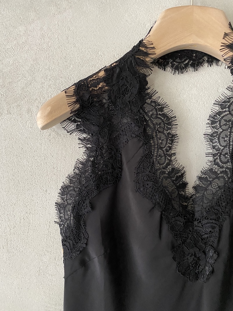 Gold Hawk Black Bias-Cut Silk Top with Lace and V-Neck