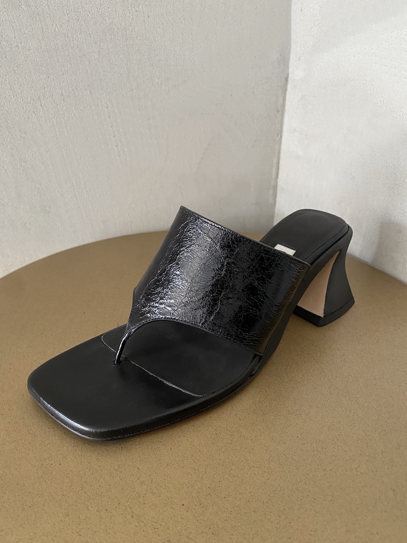 Black shiny leather mule sandals with wide straps and square toe, medium shaped heel - MIISTA