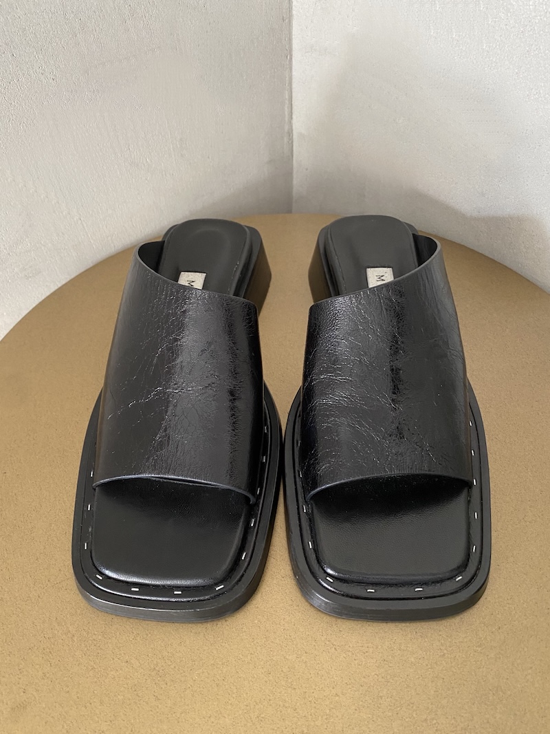 Black shiny leather mule sandals with wide straps and open square toe, low block heel - MIISTA