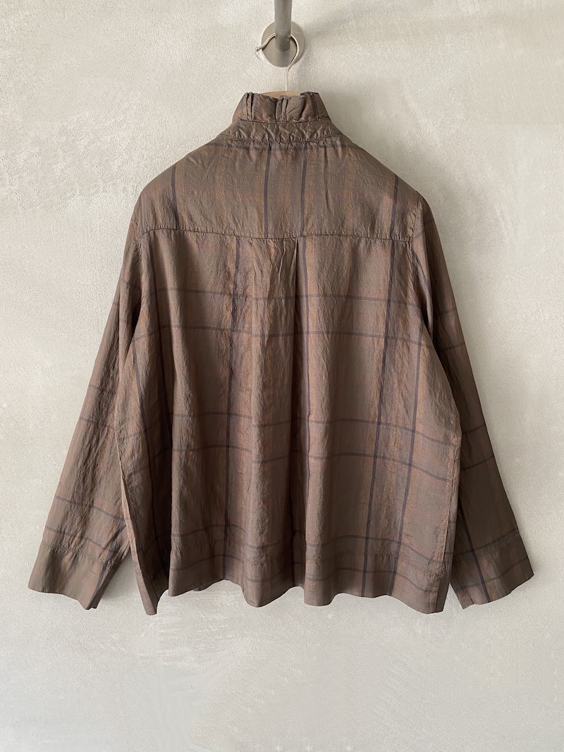 camicia marrone a quadri in seta tunta in capo con ruches Shirt C Zero