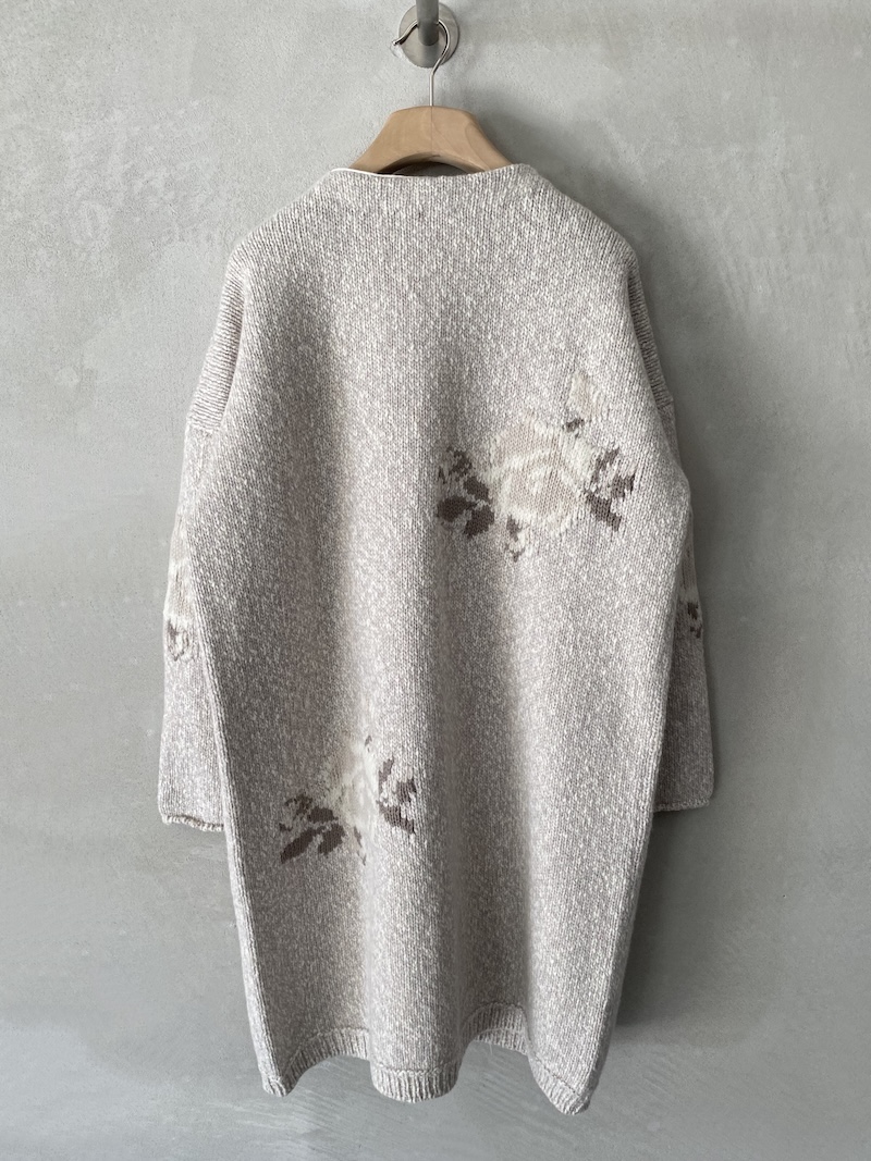 Marina Lari long white merino wool cardigan with floral inlays
