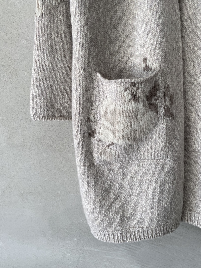 Marina Lari long white merino wool cardigan with floral inlays
