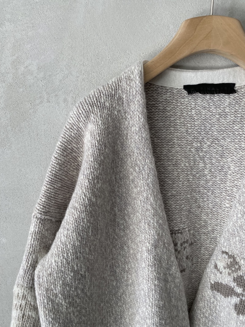 Marina Lari long white merino wool cardigan with floral inlays