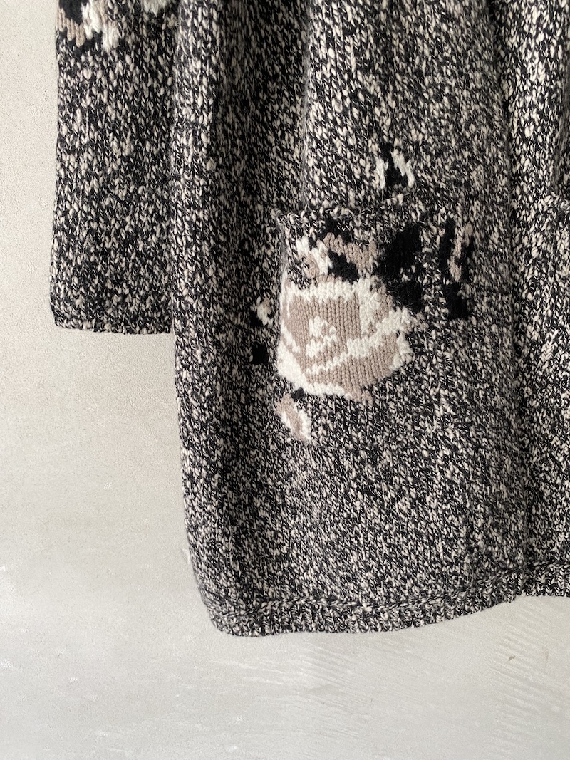 Marina Lari long black merino wool cardigan with floral inlays