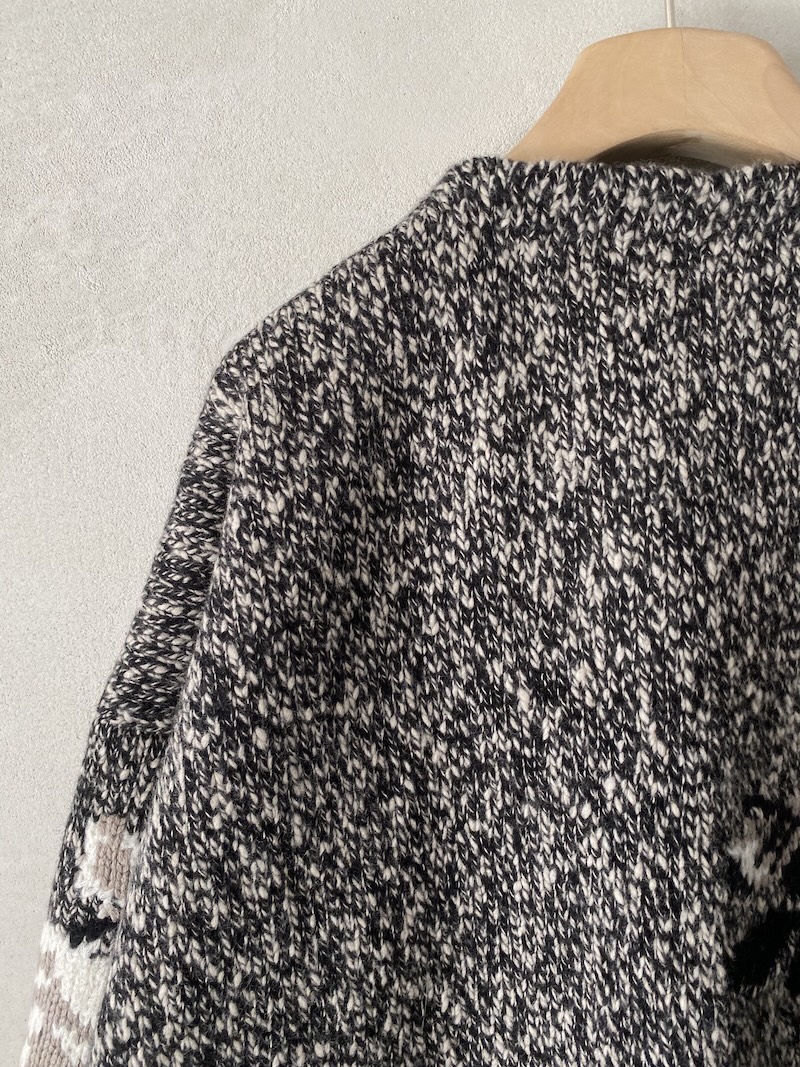 Marina Lari long black merino wool cardigan with floral inlays