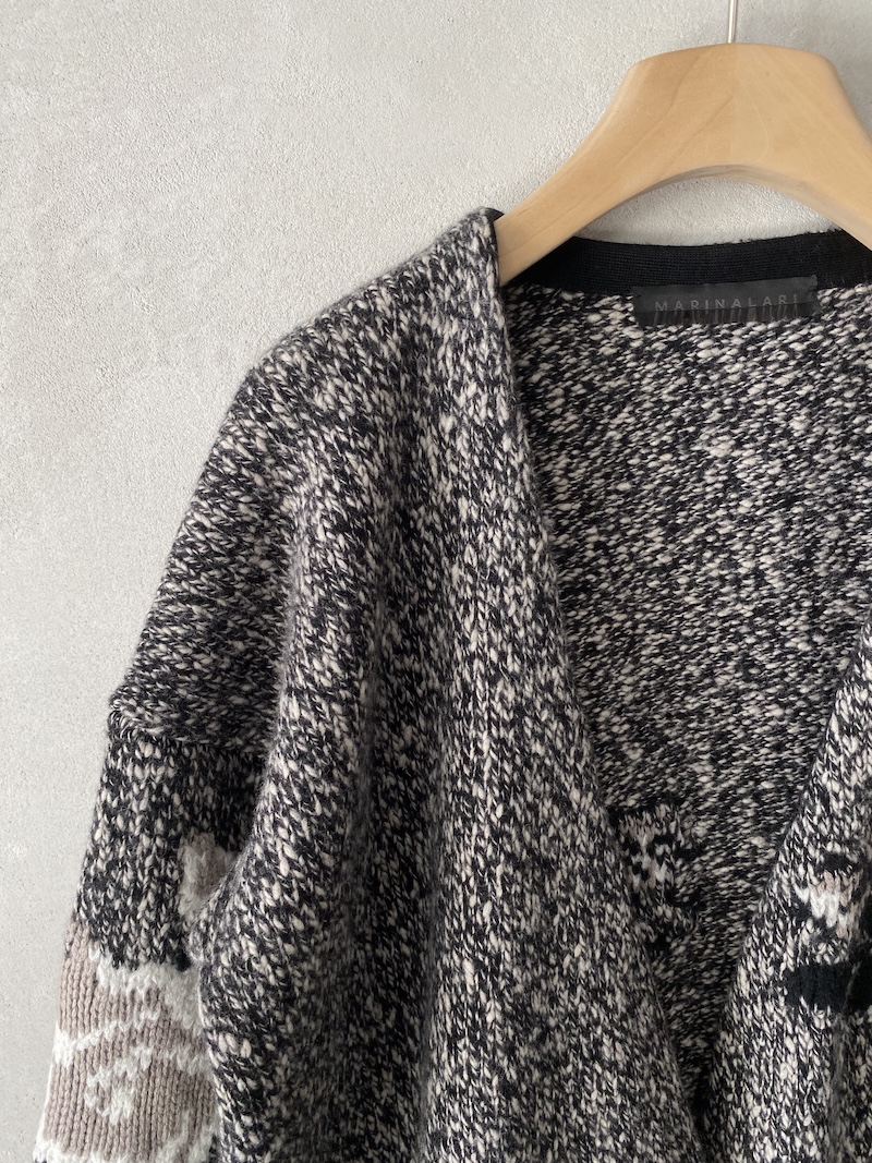 Marina Lari long black merino wool cardigan with floral inlays