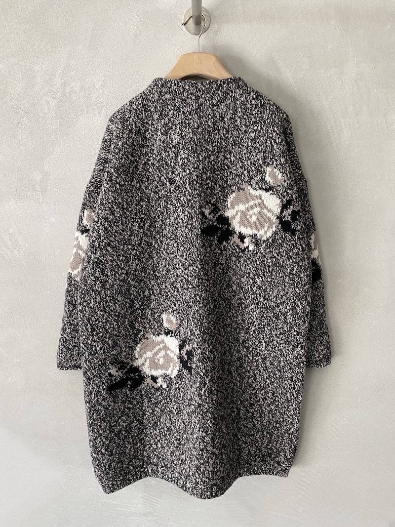 Marina Lari long black merino wool cardigan with floral inlays