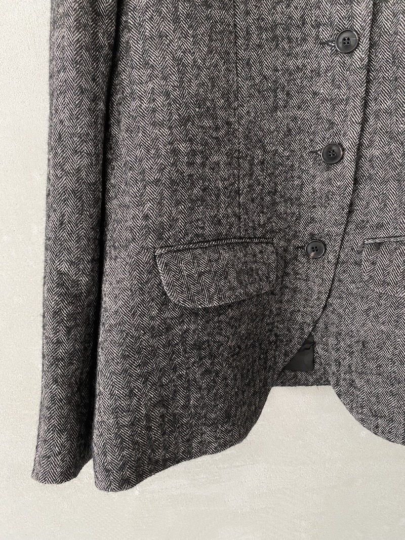 Marina Lari Ecru and Black Single-Breasted Wool and Linen Herringbone Jacket
