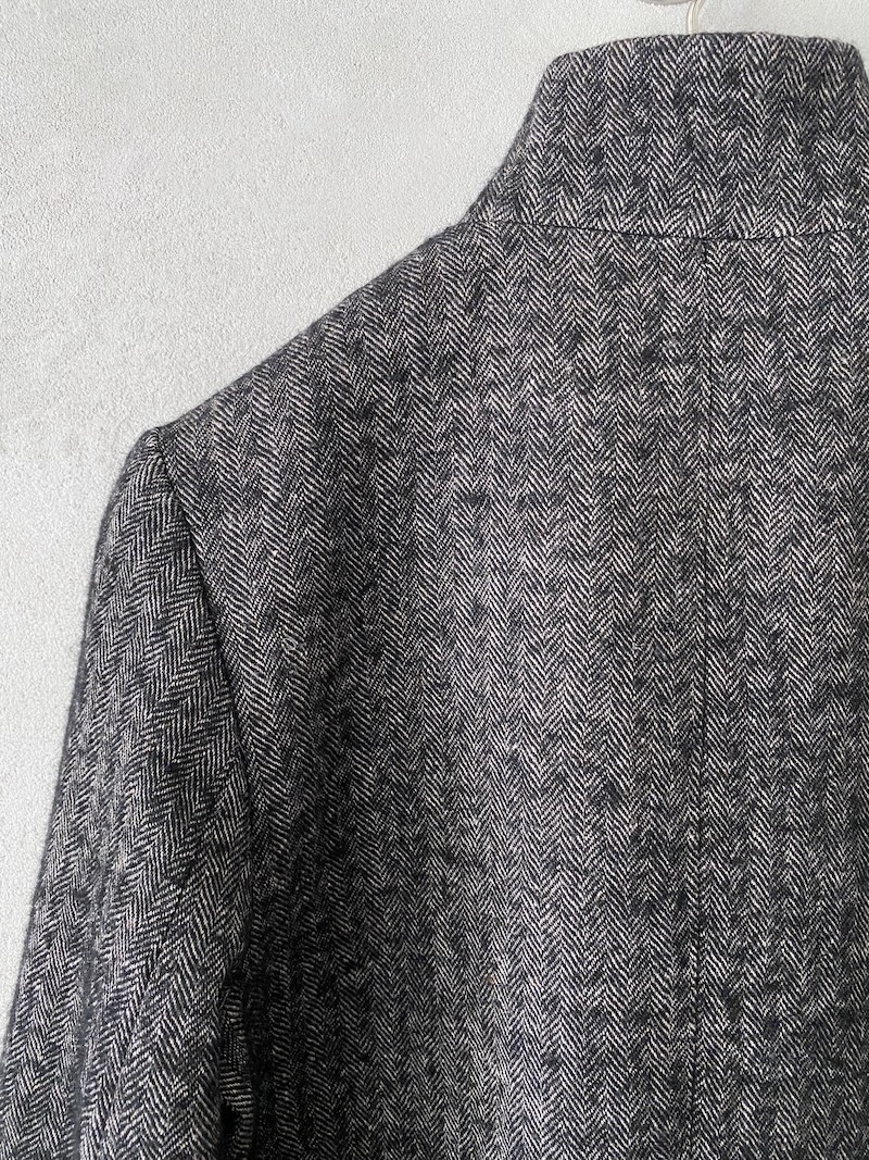 Marina Lari Ecru and Black Single-Breasted Wool and Linen Herringbone Jacket