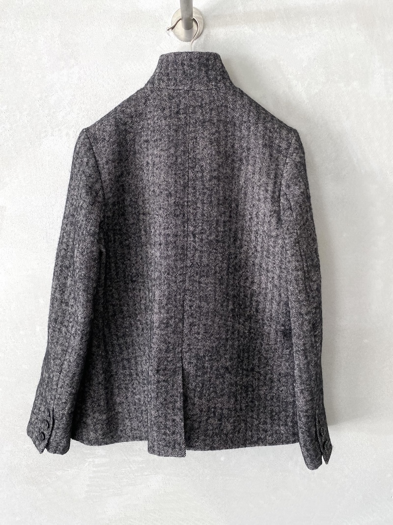 Marina Lari Ecru and Black Single-Breasted Wool and Linen Herringbone Jacket