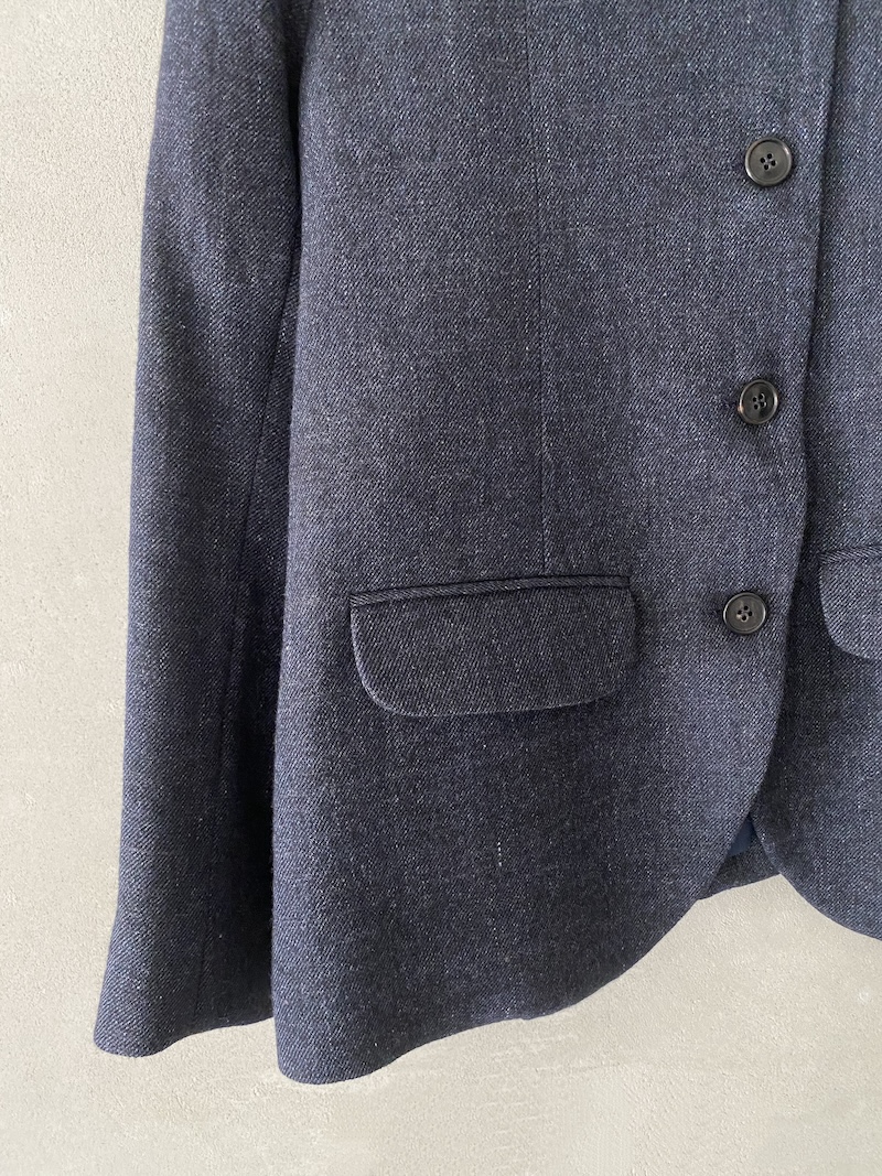 giacca monopetto blu in lino e lana con revers asimmetrico Marina Lari